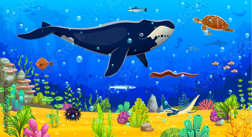 Underwater landscape game background. Cartoon blue whale, seaweeds, sea animals and fish characters at ocean bottom vector underwater landscape with sea turtle, manta ray, flounder, corals and bubbles