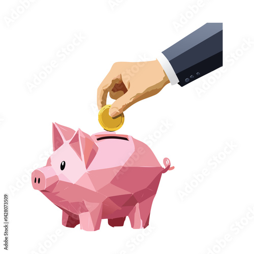 Hand Placing Coin in Cute Pink Piggy Bank

