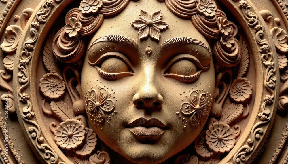 Naklejka premium Intricate floral pattern etched on a clay face, design, detail