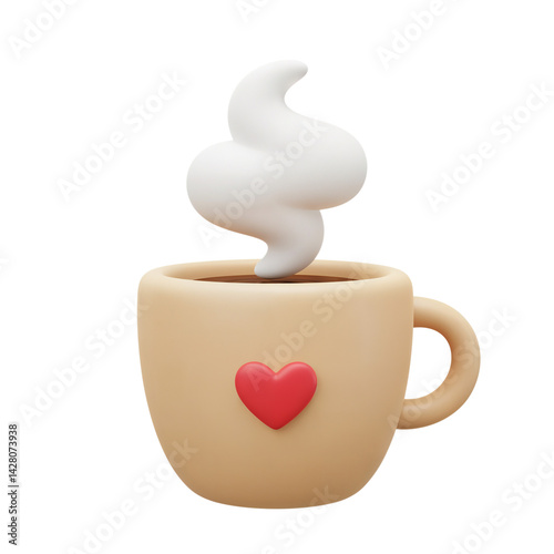 PNG coffee cup with heart 3D icon illustration isolated on transparent or white background