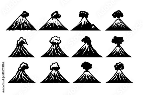 Volcano silhouettes set, vector illustration