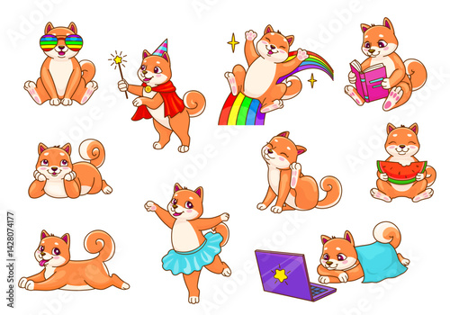 Cartoon shiba inu dog puppy characters set of vector cute japanese pet animals. Funny shiba inu dogs personages posing, playing, dancing. Happy chubby brown puppies with fancy sunglasses and rainbow