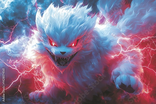 Fierce White Wolf Digital Art with Red Lightning