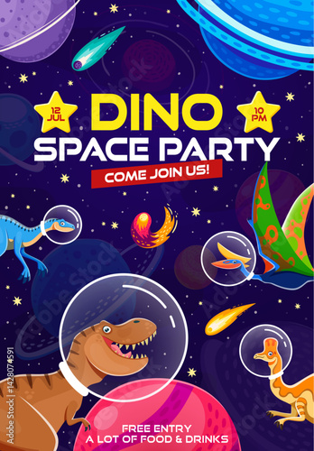 Kids party flyer with dino astronauts in space. Vector festive, vibrant and playful invitation poster for children with cartoon dinosaurs in cosmonaut helmets floating in galaxy among planets or stars