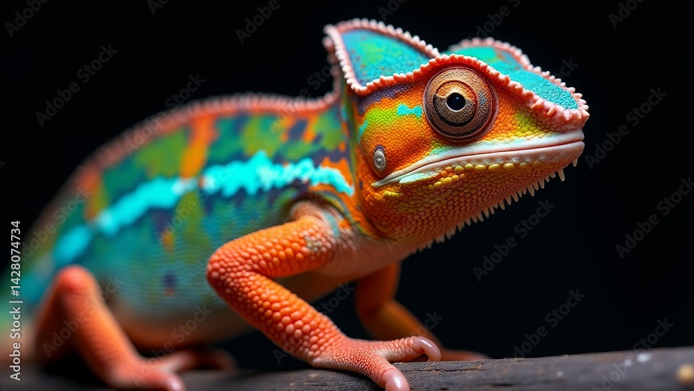 Fototapeta premium Vibrant Chameleon On A Branch, Close-Up