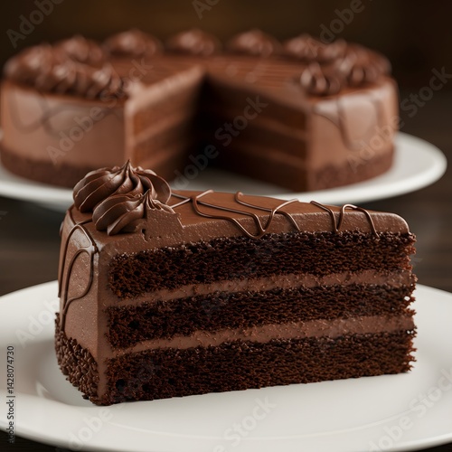 Delicious Chocolate Cake Slice with Chocolate Frosting and Drizzle