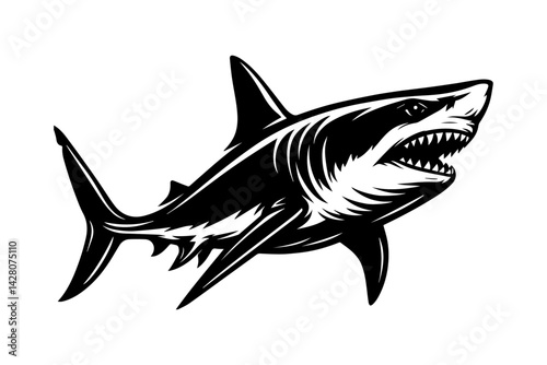 Black and white illustration of a fierce shark