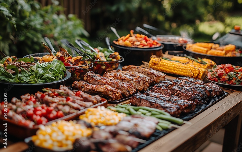 Obraz premium Abundant summer grilling buffet spread with various sides and grilled meats