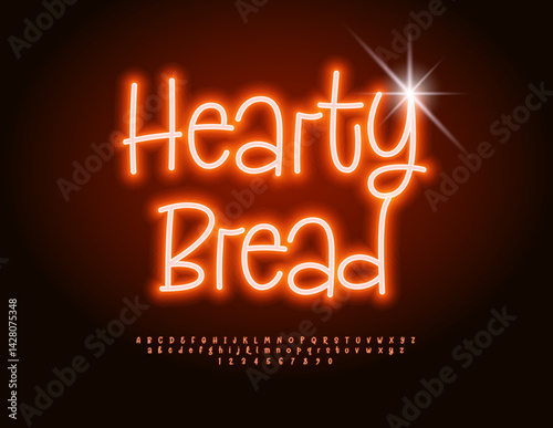 Vector Glowing banner Hearty Bread. Bright Neon Font. Electric Digital Alphabet Letters and Numbers set.