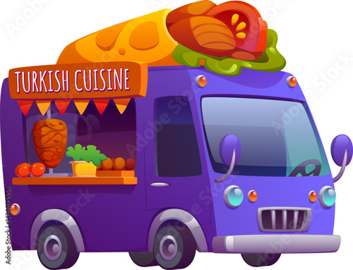 Cartoon Turkish cuisine food truck, vintage festival foodtruck van offering street meals. Vector retro mobile restaurant with doner kebab on display, representing international take out snacks