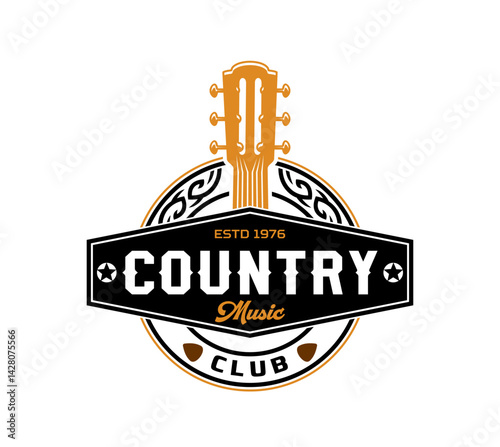 Country music guitar or Western band club and cowboy concert bar, vector vintage icon. Country music sign with guitar for Texas rock festival, American jazz and blues saloon or Rockabilly nightclub