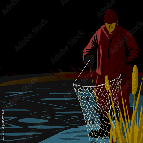A fisherman catches fishes