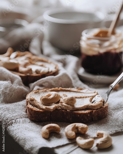 Delicious peanut butter toast topped with cashews, perfect for breakfast or snacks.