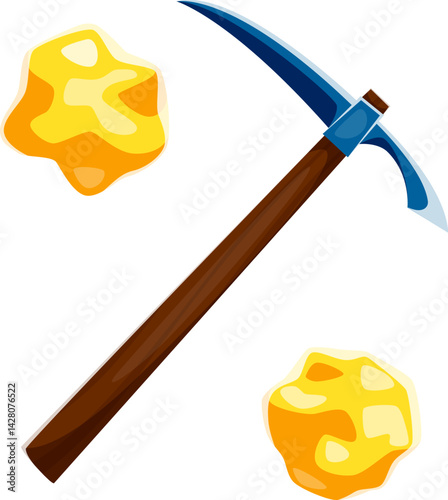 Cartoon percent symbol as a mining pickaxe and gold nuggets. Vector Cowboy font, typeface, western type, sheriff alphabet punctuation sign or glyph representing exploration themes in the wild west