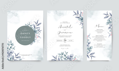 Beautiful wedding invitation card template set with leaves decoration