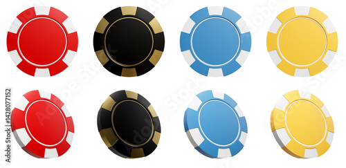 Red, Black., Blue, Yellow, Gold, casino and poker chip isolated ond white background, 3d render