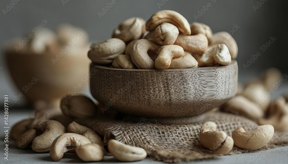 A rustic wooden bowl filled with cashew nuts on a textured surface. A rustic wooden bowl filled with cashew nuts on a textured surface.