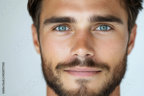 Detailed portrait of a man with clear skin and neat eyebrows, minimalist white background
