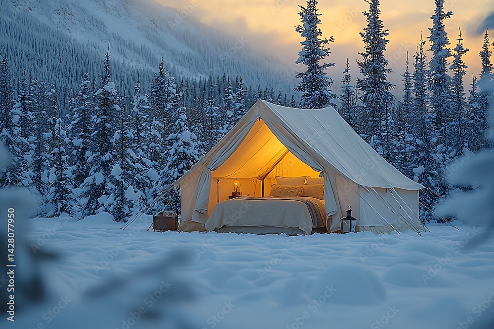 Cozy Glamping Tent in Snowy Mountain Landscape Cozy Glamping Tent in Snowy Mountain Landscape
