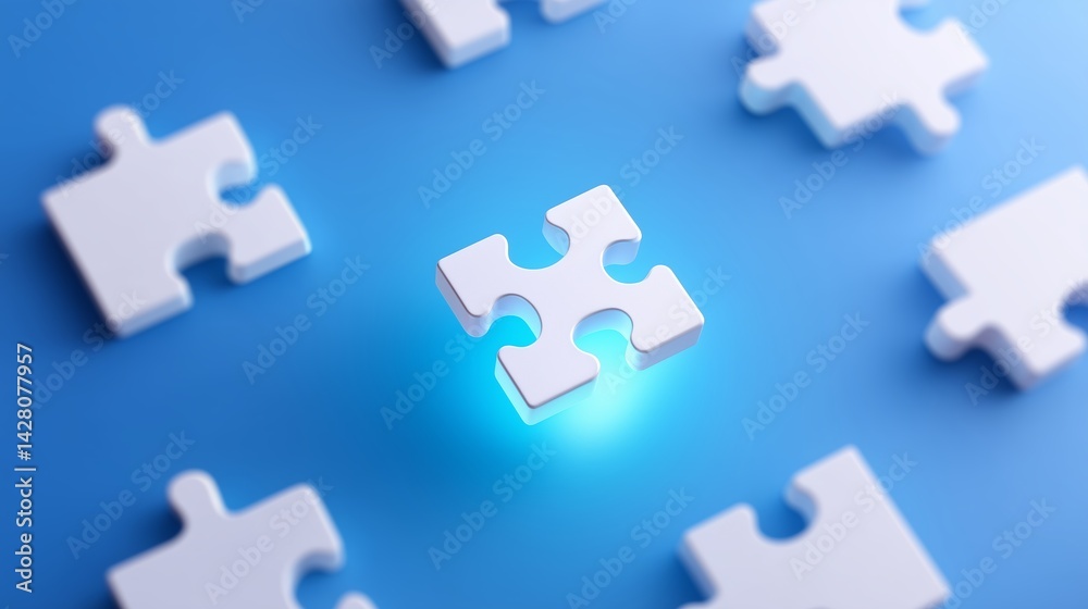 Empty space filled by a single white puzzle piece glowing on a blue background Empty space filled by a single white puzzle piece glowing on a blue background
