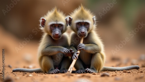 Two Baby Baboons Sharing a Reed