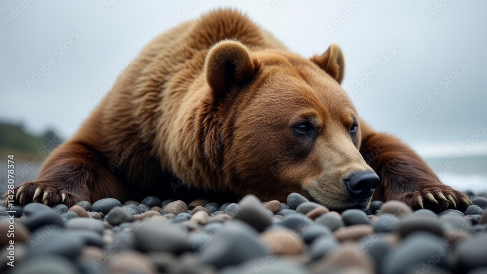 Obraz premium Brown Bear Resting On Pebble Beach