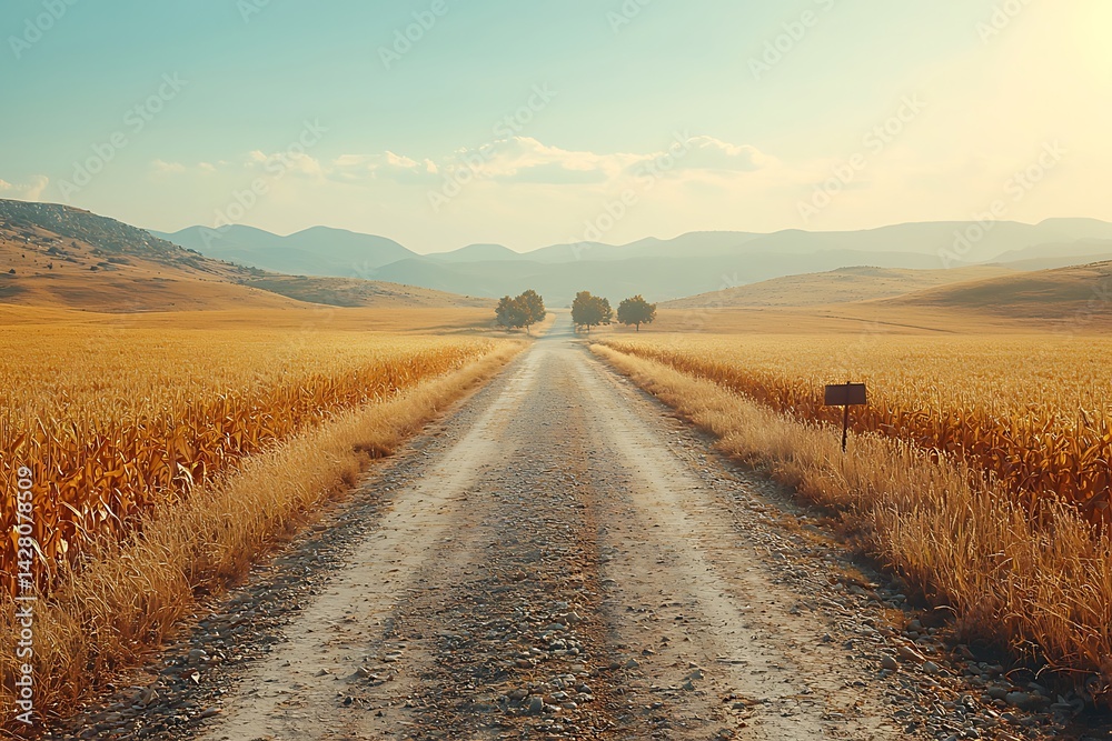Naklejka premium Country Road Through Golden Wheat Field Landscape