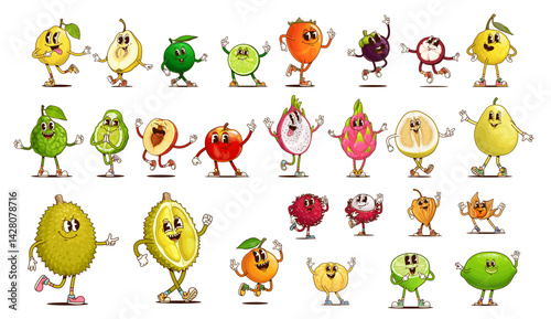 Groovy tropical fruit characters, cartoon retro farm berry food. Vector summer fruit personages of whole and half peach, lemon or lime, durian, quince, mandarin and bergamot orange groovy personages