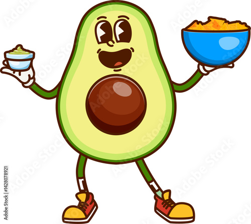 Cartoon groovy avocado character with a big smile holds a bowl of nachos in one hand and a cup of guacamole in the other, exudes fun, playful and friendly vibe for Mexican food and healthy eating