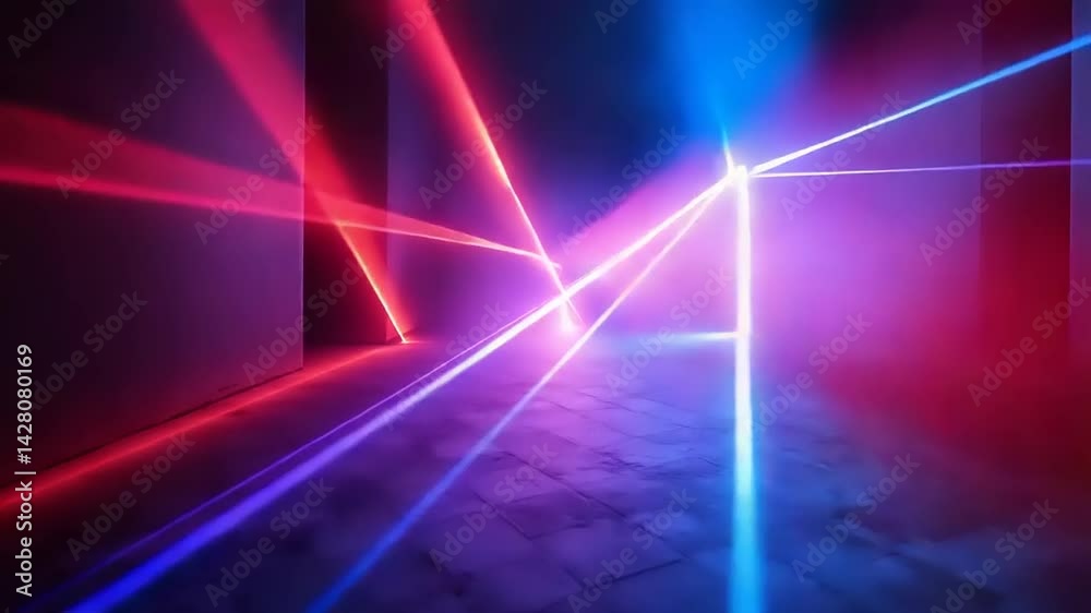 Vibrant laser beams intersecting in a dimly lit room, creating colorful reflections on the floor