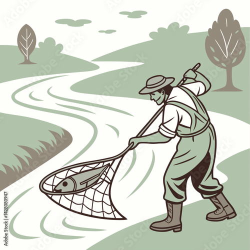 A fisher is catching a fish