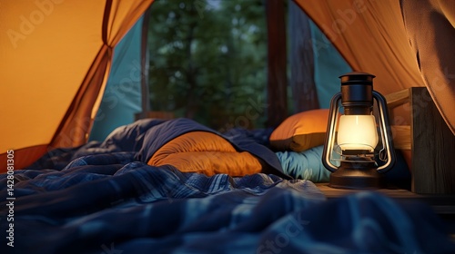 interior view of overland tent setup, cozy sleeping bag, lantern glow .