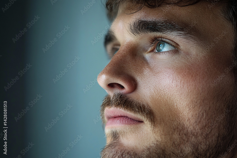 Fototapeta premium Natural sunlight on male face, candid beauty moment, morning routine vibe