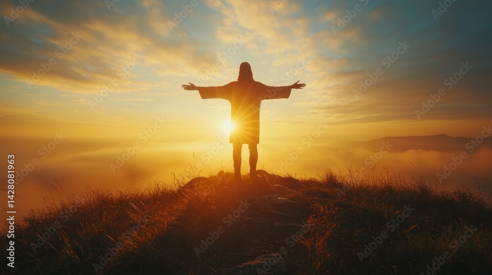 On a tranquil hilltop, Jesus Christ stands tall with arms outstretched, welcoming the soft glow of a vibrant sunrise. The surrounding mist and clouds blend beautifully, creating a peaceful atmosphere