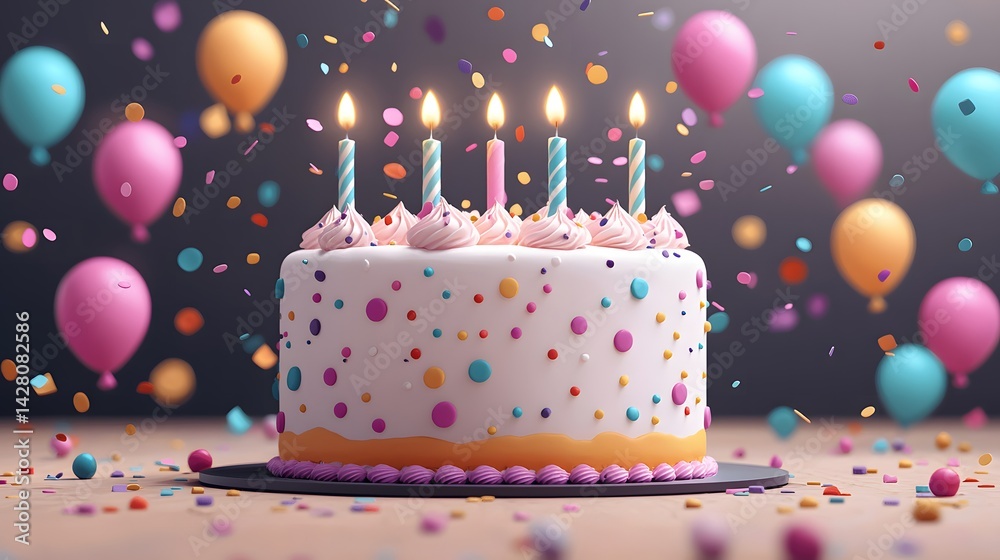 Birthday cake with colorful confetti and balloons in a festive party atmosphere Birthday cake with colorful confetti and balloons in a festive party atmosphere