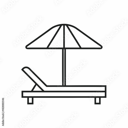 Thin-stroke vector of a lounger placed on a small wooden deck, symbolizing seaside relaxation and sunbathing in comfort.


