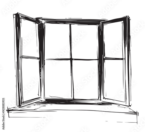 Old window with wooden shutters. Sketch of a window. Vintage style