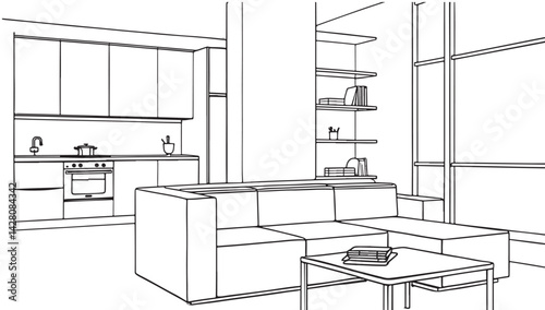 Stylish kitchen interior with modern furniture sketch