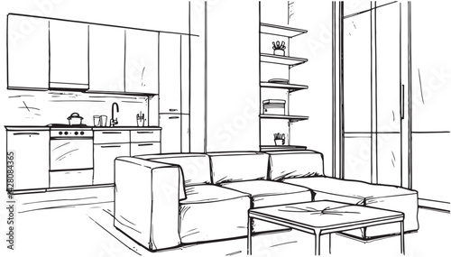 Stylish kitchen interior with modern furniture sketch