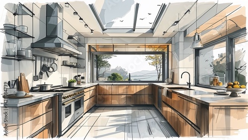 Interior sketch of dining room, illustration painting. Hand drawn color sketch of wooden kitchen