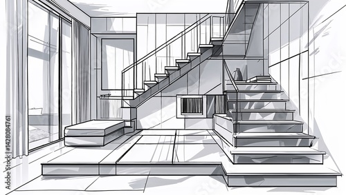 Room interior sketch with stairs