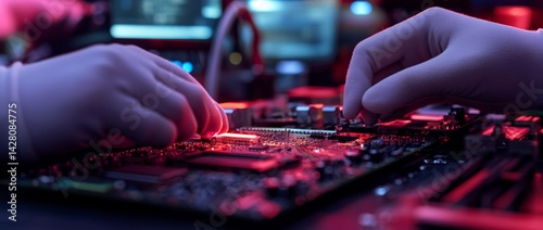 A high-tech factory worker utilizes surface mount technology and a pick and place machine to assemble the electronic components of printed circuit boards