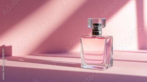 Sophisticated pink perfume in geometric glass bottle reflecting pink tones and shadows
