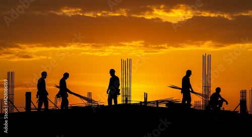 Silhouette of construction workers on a building site during sunset