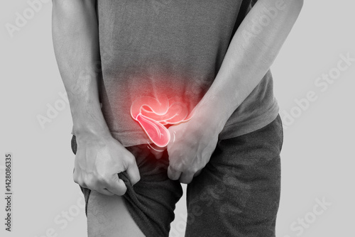 Illustration depicts hernia symptoms in a man's body. Common signs of a hernia are highlighted. photo