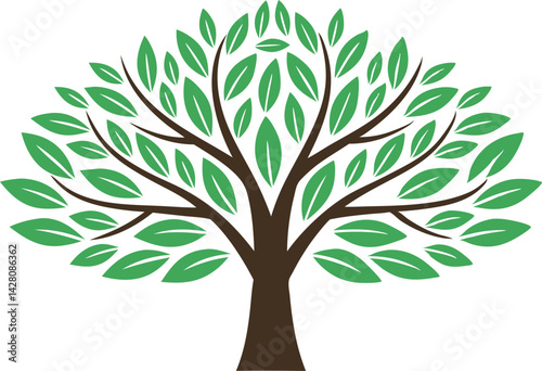 Evergreen's Emblem: A vibrant, lush tree, a symbol of life, growth, and environmental harmony, stands strong with a sprawling canopy of green leaves.