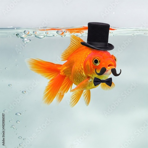 Goldfish in a top hat with a mustache and a butterfly underwater.