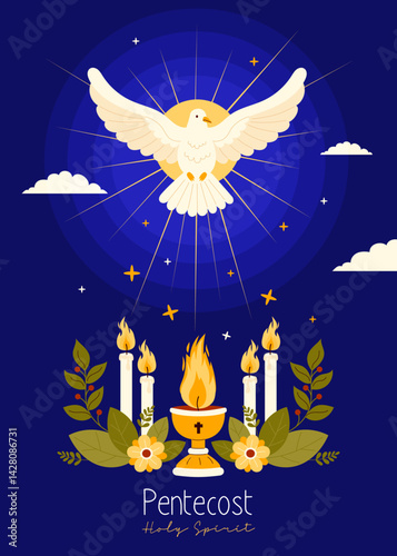 Pentecost Sunday Holy Spirit Banner. White Divine Dove with Church Chalice and Burning Candles. Catholic, Christian Religious Culture Holiday. Vertical Poster for Biblical Series. Vector Illustration