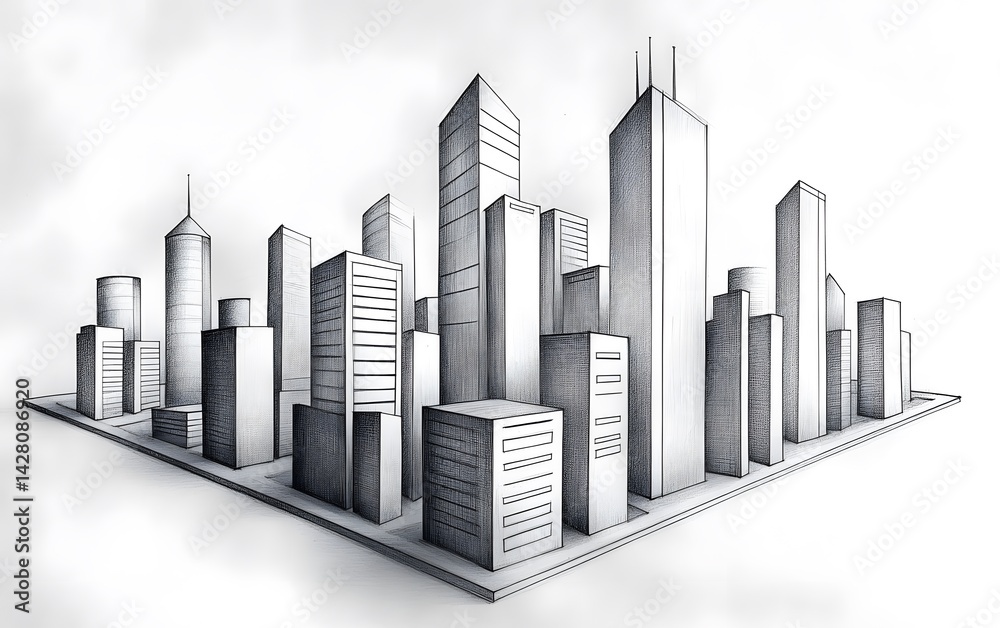 Naklejka premium Detailed Pencil Sketch of Modern City Skyline