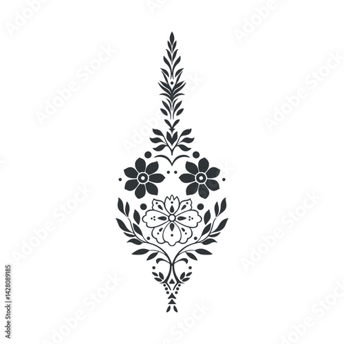 Vector abstract linocut floral logo poster template. Modern trendy minimal style. Black and white colors. Botanical blockprint for wallpaper, wall decor, print, postcard, cover, template.